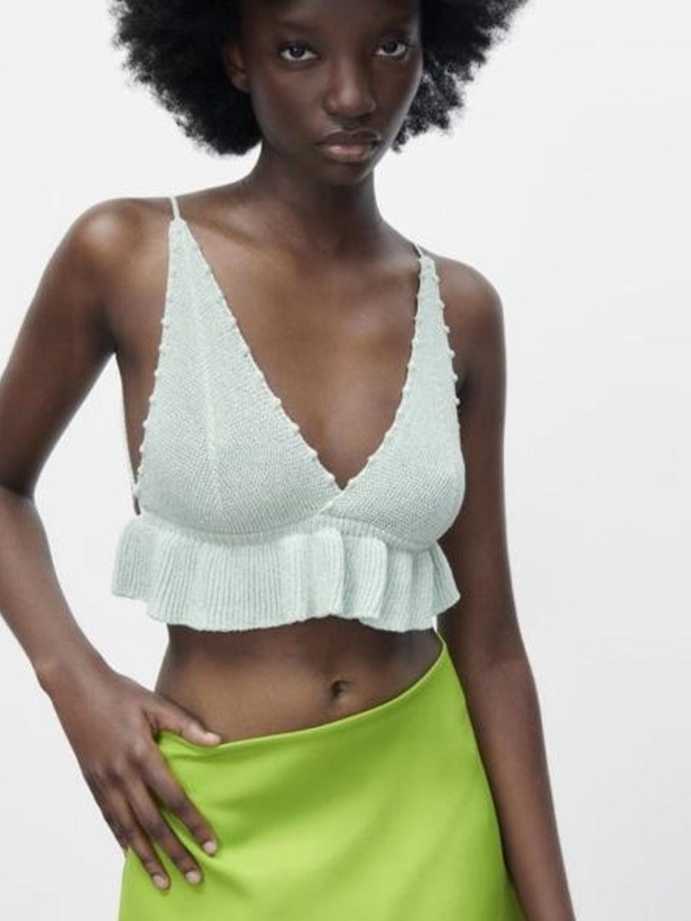 Zara Mint Knit Ruffle Hem Cropped Tank Top